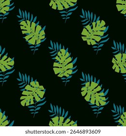 The image is a repeating pattern on a dark background. The pattern consists of two types of leaves: monstera leaves, colored light green, and thin fern leaves, colored dark blue. 