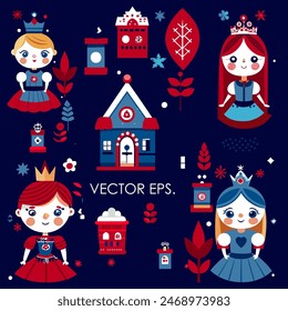The image is a repeating pattern of red and blue princesses alternating with small houses, all set against a light blue background.a seamless pattern