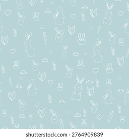 Image with a repeating pattern of white rabbits and Easter related elements on a light blue background. Pattern with different poses of rabbits sitting, standing, hopping and with ears up