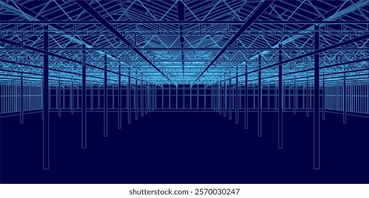 The image is a representation of a large, empty building with a blue color scheme. The building appears to be a large warehouse or industrial space, with many windows