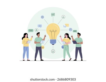 A imagem que representa o trabalho em equipe, o debate e a geração de ideias. Quatro membros da equipe diversificada estão agrupados em torno de uma grande lâmpada central, que é o símbolo universal de uma ideia ou inovação.