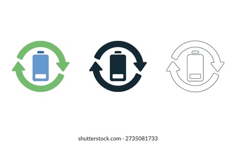 The image represents the concept of battery recycling and reuse with three battery icons in different colors. The green battery icon represents fully recycled battery, the black one represents partially recycledand the white one represents non-recycled. The image promotes sustainability and conservation of natural resources.