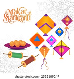 A imagem representa Makar Sankranti exibindo pipas coloridas uma placa de ladoos e carretéis de linha Makar Sankranti é escrito decorativamente exalando alegria e celebração

