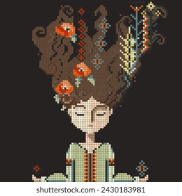 An image resembling a cross-stitch pattern in the form of a pixelated drawing of a girl in a Ukrainian embroidered shirt with long hair decorated with flowers on a dark background