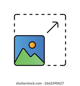 Ícone de cor linear de redimensionamento de imagem: foto digital e ajuste gráfico