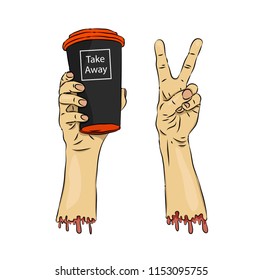Image retro style -  disposable coffee cup in hand on a bright background. Vector illustration.
