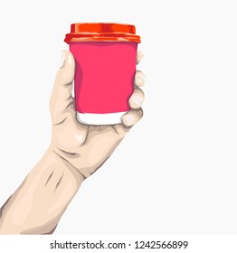 Image retro style -  disposable coffee cup in hand on a bright background. Vector illustration.

