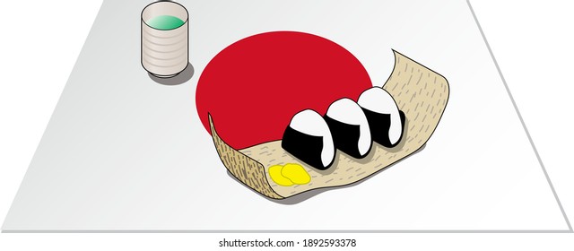 The image of a rice ball lunch box is reproduced with an illustration. A place mat with a national flag is laid underneath. Created with vector data.