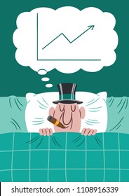 Image of a rich man in bed dreaming of a graph of economic growth