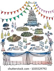 Image of a richly decorated table for a traditional wedding cake, drinks and food, gifts and flowers, sketched vector lines and watercolor stains on a white background