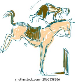 Image of a rider and a horse throwing him off in front of an obstacle