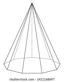The image of a right non-adonal pyramid with hidden edges is shown. The base is a nonagon and the face is an isosceles triangle, vintage line drawing or engraving illustration.