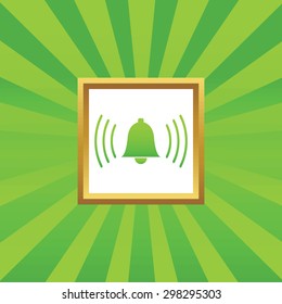 Image of ringing bell in golden frame, on green abstract background