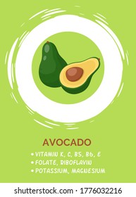 Image of ripe half opened avocado with seed inside, surrounded by white circle. Avocado cut isolated on green background. Green fruit whole and half. Useful products when breastfeeding a child
