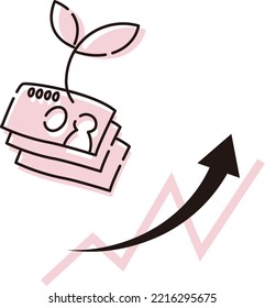 Image of rising money (banknotes) and line graph (investment, savings, asset management)