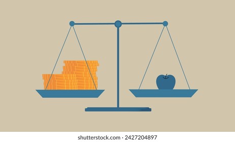 Una imagen del alza de precios. Una manzana y muchas monedas están en la balanza.