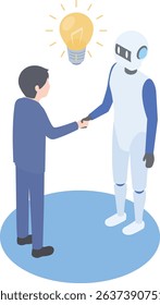 Image of a robot and a man in a suit working together to generate ideas