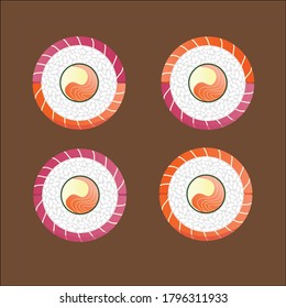 Image of rolls for menus and booklets. Set of tuna and salmon rolls. Set of round fish rolls.