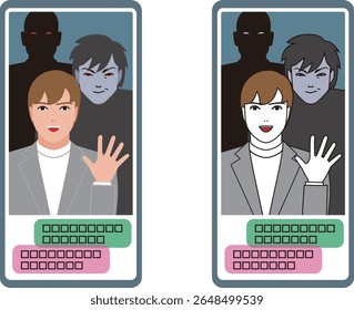 An image of a romance fraud criminal organization impersonating young men on social media via smartphone.