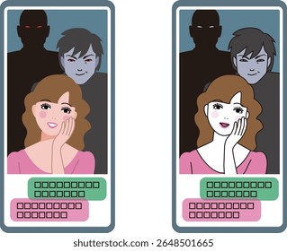 An image of a romance fraud criminal organization that impersonates young women on social media via smartphone.