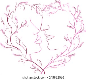 The image of a romantic kiss in a framework with heart, card for Valentine's Day