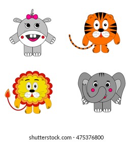  image round the animals, hippo, tiger, lion, elephant. animals icon, 