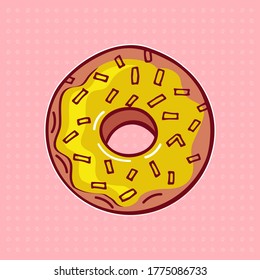 Imagen de una roca redonda con un agujero en el medio y una rociada rectangular en la parte superior. Pegatina o parche. Vector. Fondo rosa con círculos pequeños.