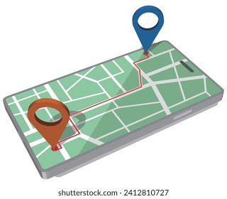 Image of route search in a smartphone map application Vector illustration
