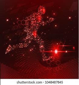 The image of a running person in a network, red cyber security concept background, abstract hi speed digital internet.motion move blur. vector