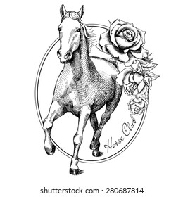 Image of a running white horse in a frame with roses. Vector illustration.