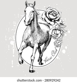 Image of a running white horse in a frame with roses on gray background. Vector illustration.