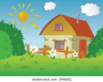 The image of a rural small house in a sunny day