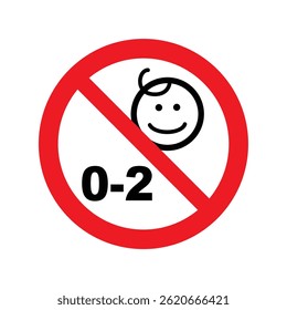 The image is a safety symbol indicating "Not suitable for children aged 0–2 years," shown by a baby face inside a red prohibition circle.