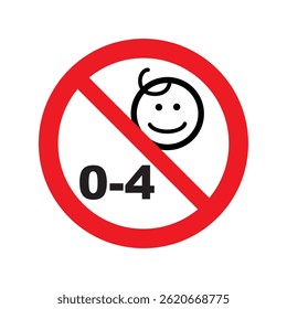 The image is a safety symbol indicating "Not suitable for children aged 0–4 years," shown by a baby face inside a red prohibition circle.