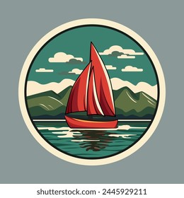 An image of a sailing boat with red sails floating on calm water, surrounded by green mountains and a cloudy sky. Simple graphic style.