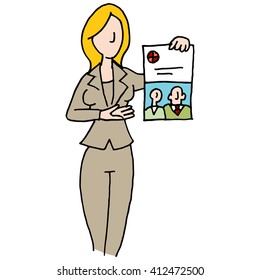 An image of a saleswoman displaying branded document.