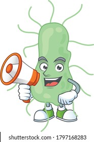 An image of salmonella cartoon design style with a megaphone. Vector illustration