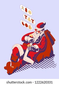 Image of Santa Claus sitting or lying on a bag full of gifts, holding smartphone in his hand and messaging with someone using emoji. Can be used as a postcard or poster. Vector illustration eps10.
