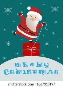 Image of Santa Claus standing on a red gift box. Concept of Christmas holidays.