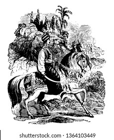 An image of a Saracen sitting on a horse, vintage line drawing or engraving illustration.