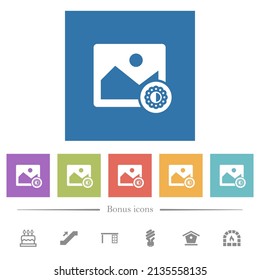 Saturación de imagen iconos blancos planos en fondos cuadrados. 6 iconos de bonificación incluidos.