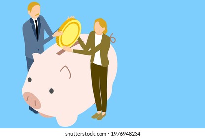 Image of savings, senior men and women putting coins in piggy banks, isometric