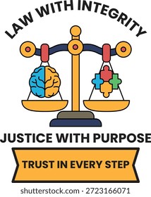 La Imagen es una escala con un cerebro en un lado y un rompecabezas en el otro. El texto debajo de la escala dice "Ley con Integridad" y "Justicia con Propósito". Concepto de equilibrio y equidad