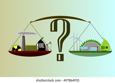 the image of the scales with a question mark and a choice between the environment and the environmental pollution