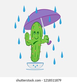 The image of a scared cactus hiding from the rain under an umbrella.