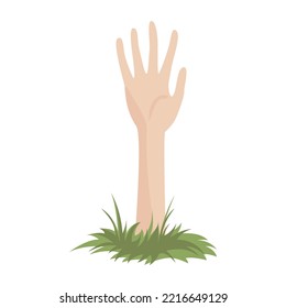 An image of a scary schzombi hand that stretches out of the ground. Vector drawing for halloween decor in flat style