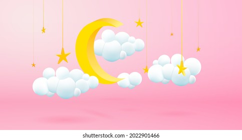 The image of scattered clouds surrounding the stars and a crescent moon on a pink background conveys a cheerful mood. Fun, warm, sweet, cool, soft banner design card advertisement vector illustration
