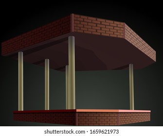 Image of a scene from a low perspective. Street scene with a roof and white columns.