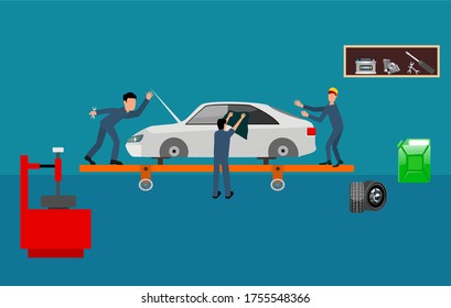 Image scenes with workers in car service, and car repair vector illustration