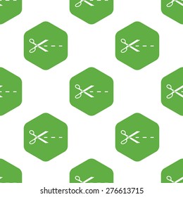 Image of scissors cutting along the line in hexagon, repeated on white background